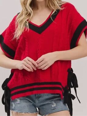 Red V-Neck Cable Knit Sweater with Black Trim and Side Ties